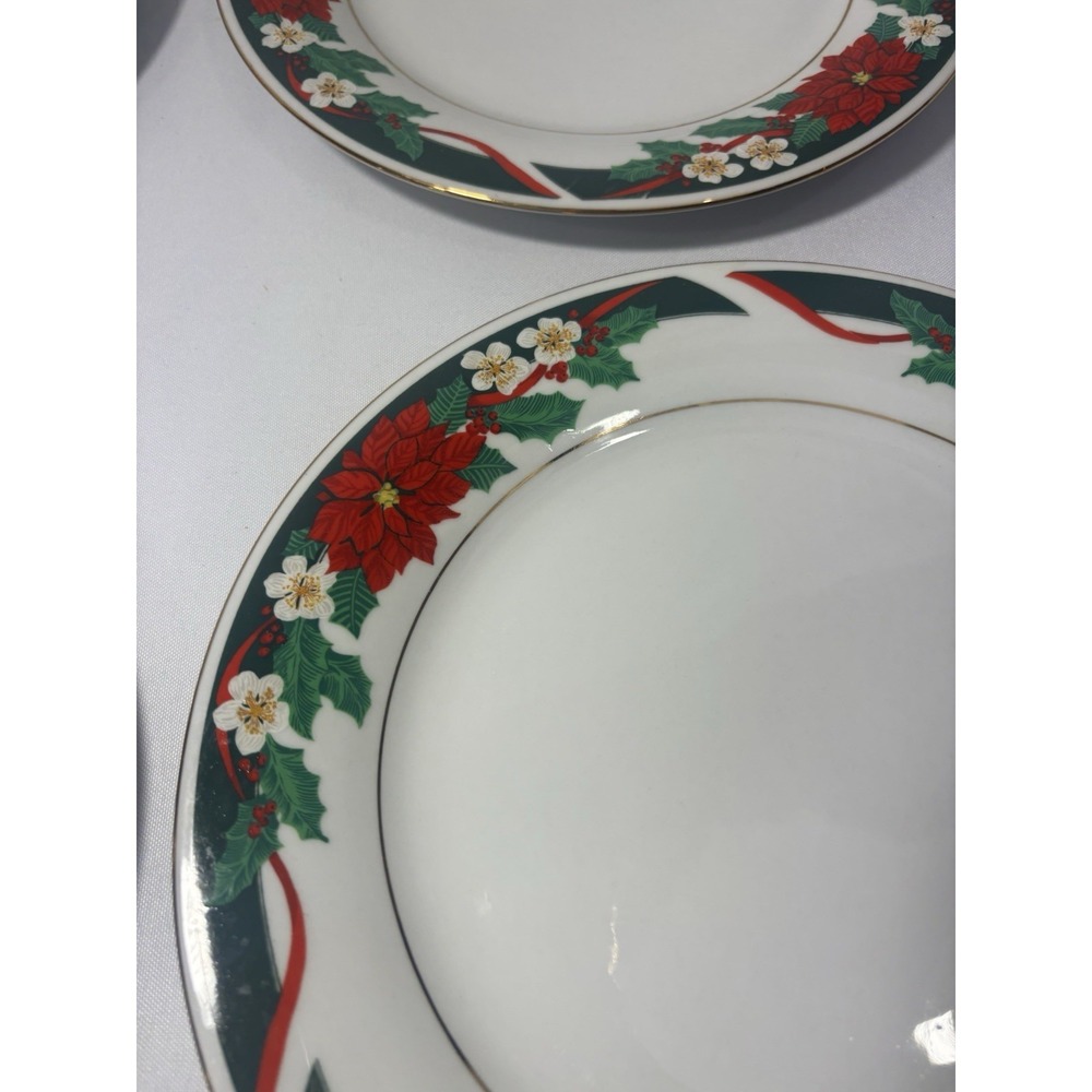 🎄Set of 4 Tienshan Fine China Deck the Halls Christmas Dinner Plates Poinsettia - Picture 2 of 5